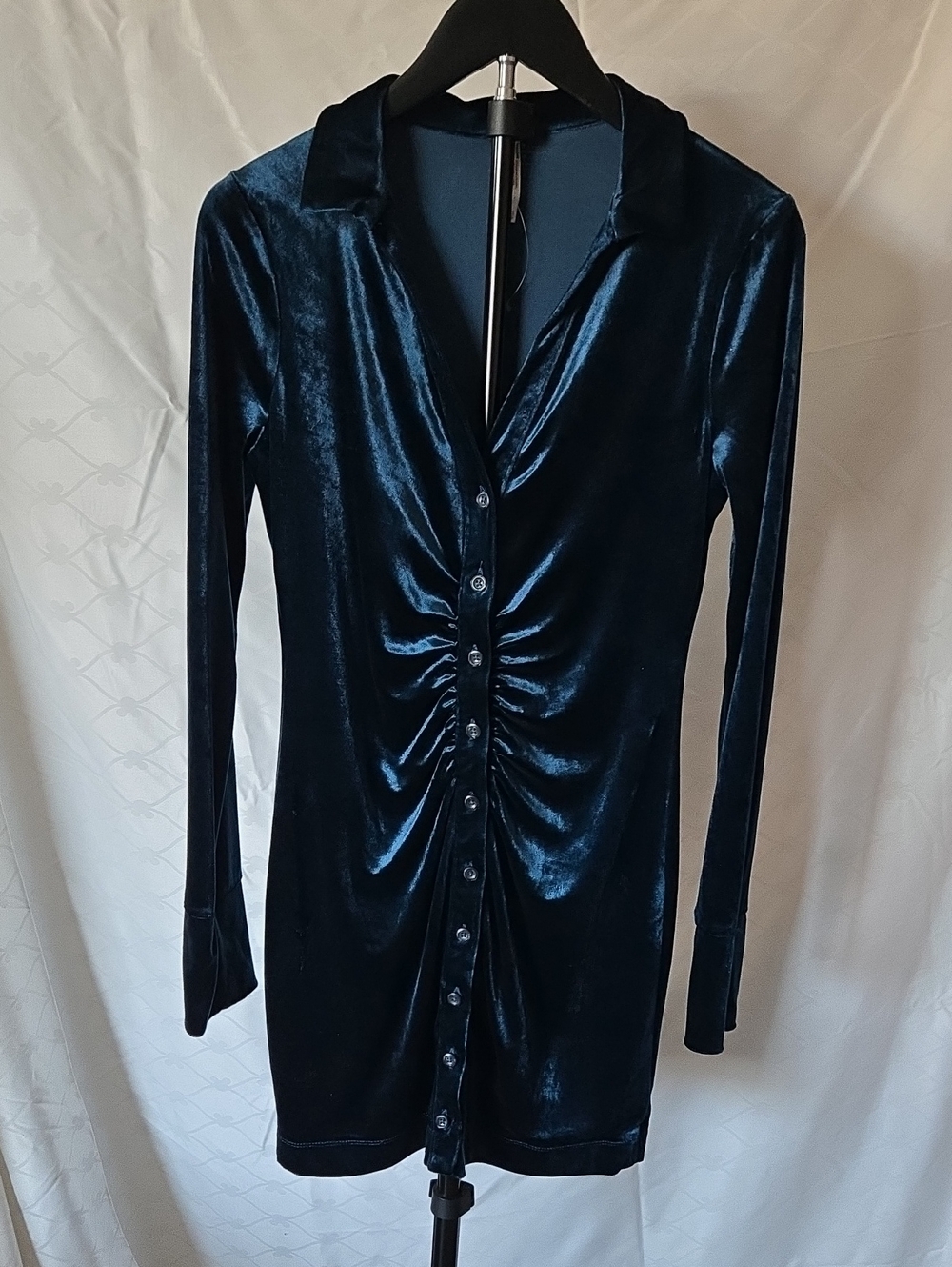 Free People Turquoise Velvet Long-Sleeve Button Dress